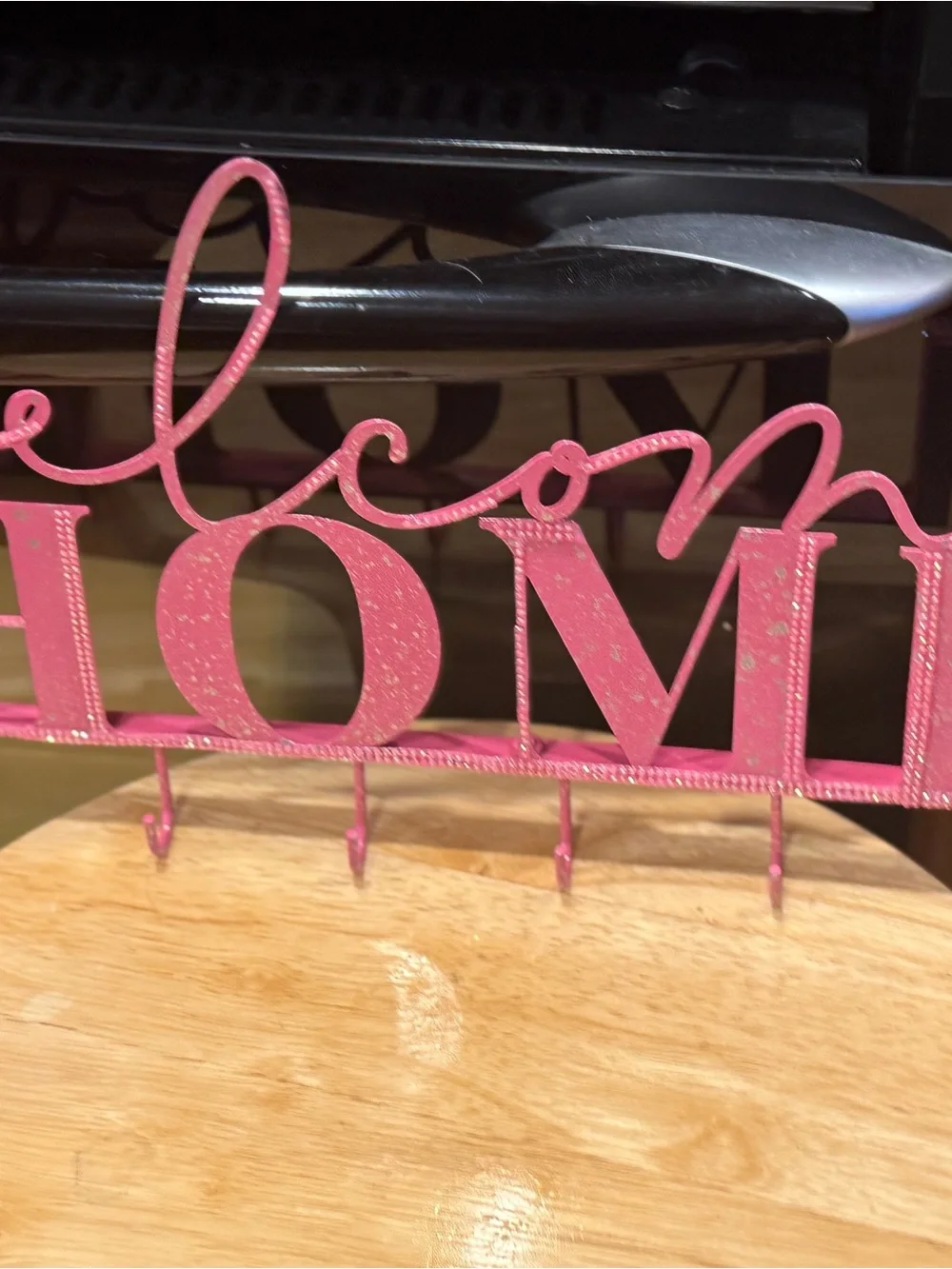 “Welcome Home “Pink Wall Hook Rack for keys Rhinestone accents